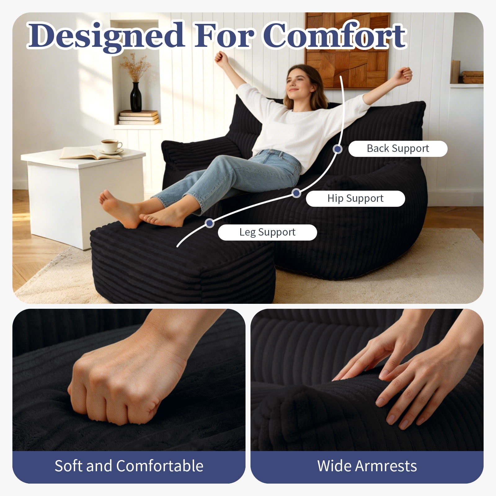 MOONMISS Corduroy Double Bean Bag Sofa with Ottoman 2-Seater Cloud Soft for Living Room Bedroom,Black