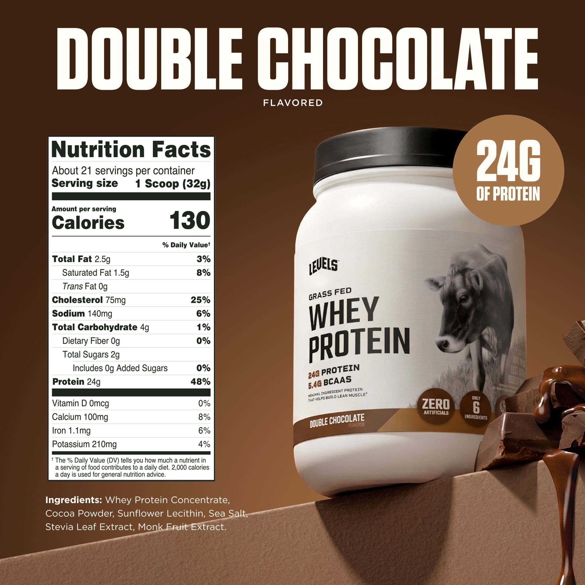 Levels Grass Fed Whey Protein Powder, No Artificials, 24G of Protein, Double Chocolate, 1.48LB