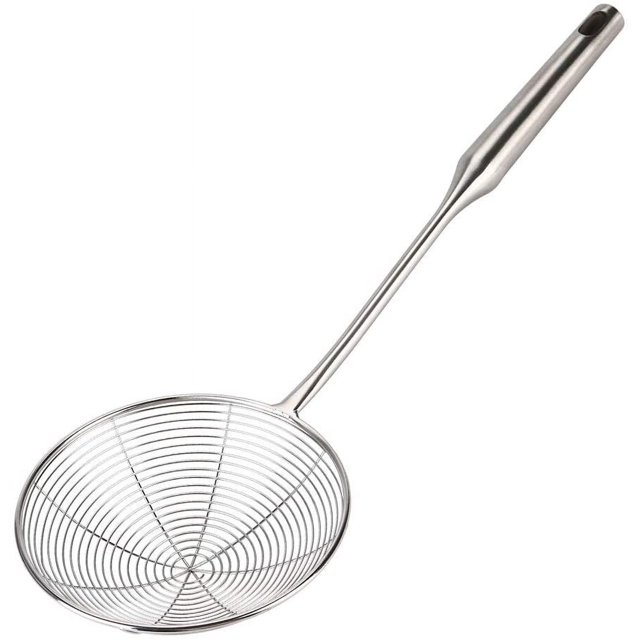 Colador de araña, cucharón de acero inoxidable, cesta de freír de metal asiático con mango largo, cuchara grande, para alimentos, pasta japonesa, aceite de cocina, alambre de malla