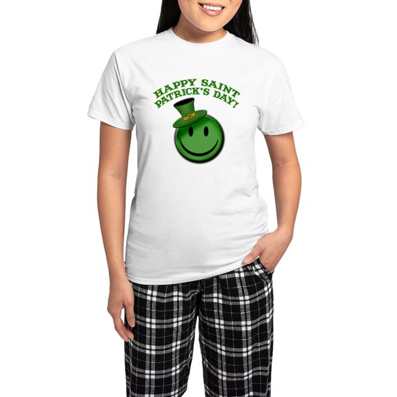 CafePress - St. Patrick's Day Happy Face Women's Light Pajamas - Women's Short Sleeve Print T-Shirt and Pants Light Cotton Pajama Set