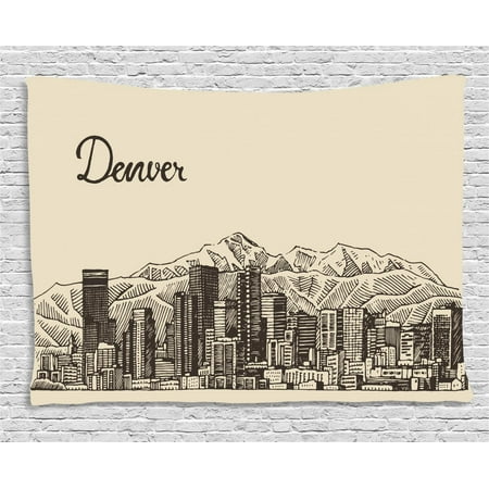 Colorado Tapestry, Denver City Skyline Sketch with Buildings and Mountains Vintage Town Pattern, Wall Hanging for Bedroom Living Room Dorm Decor, 60W X 40L Inches, Beige Dark Brown, by