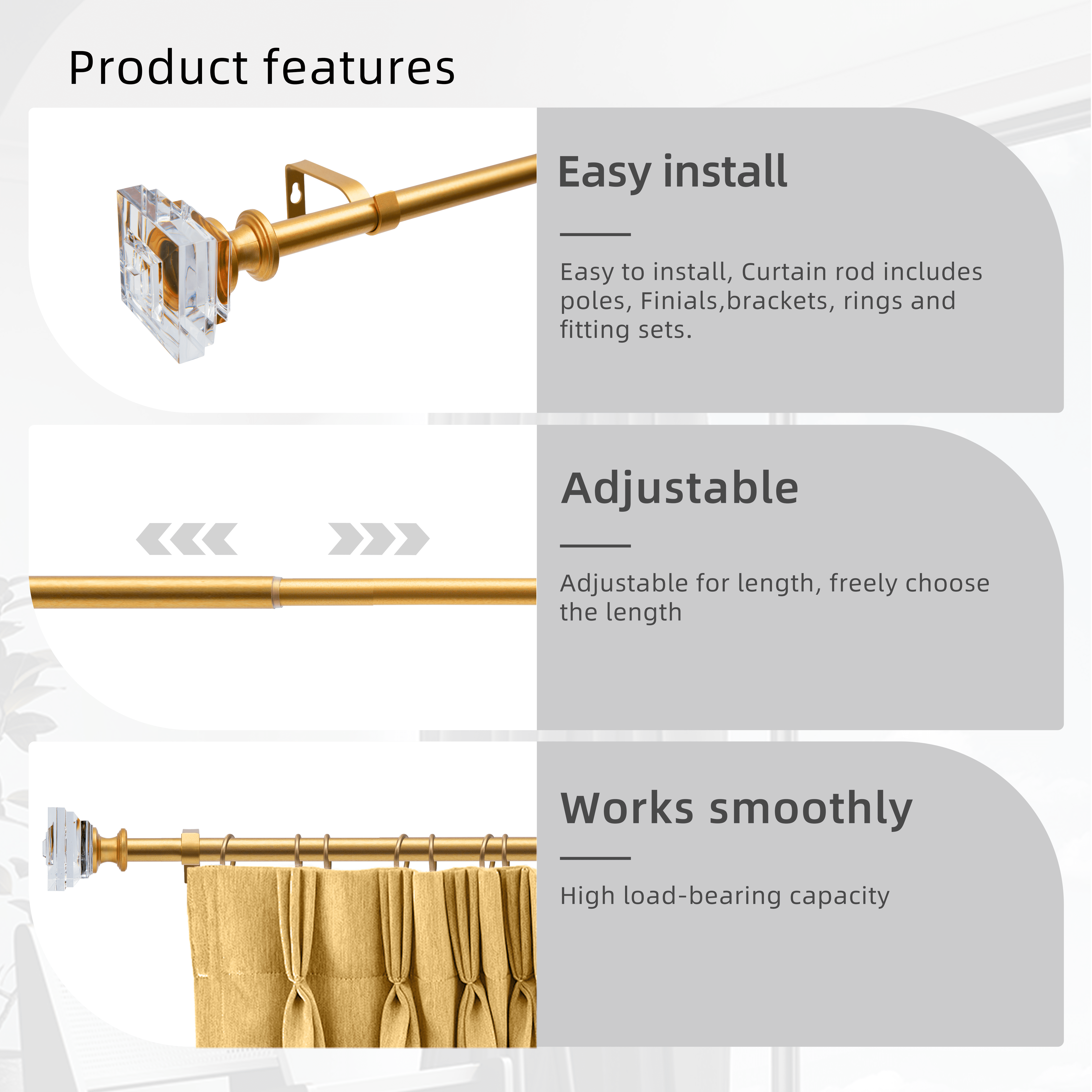 Curtain Rods 30-55" Gold Adjustable drapery rod with 60mm clear square finials and 3 piece wall brackets.