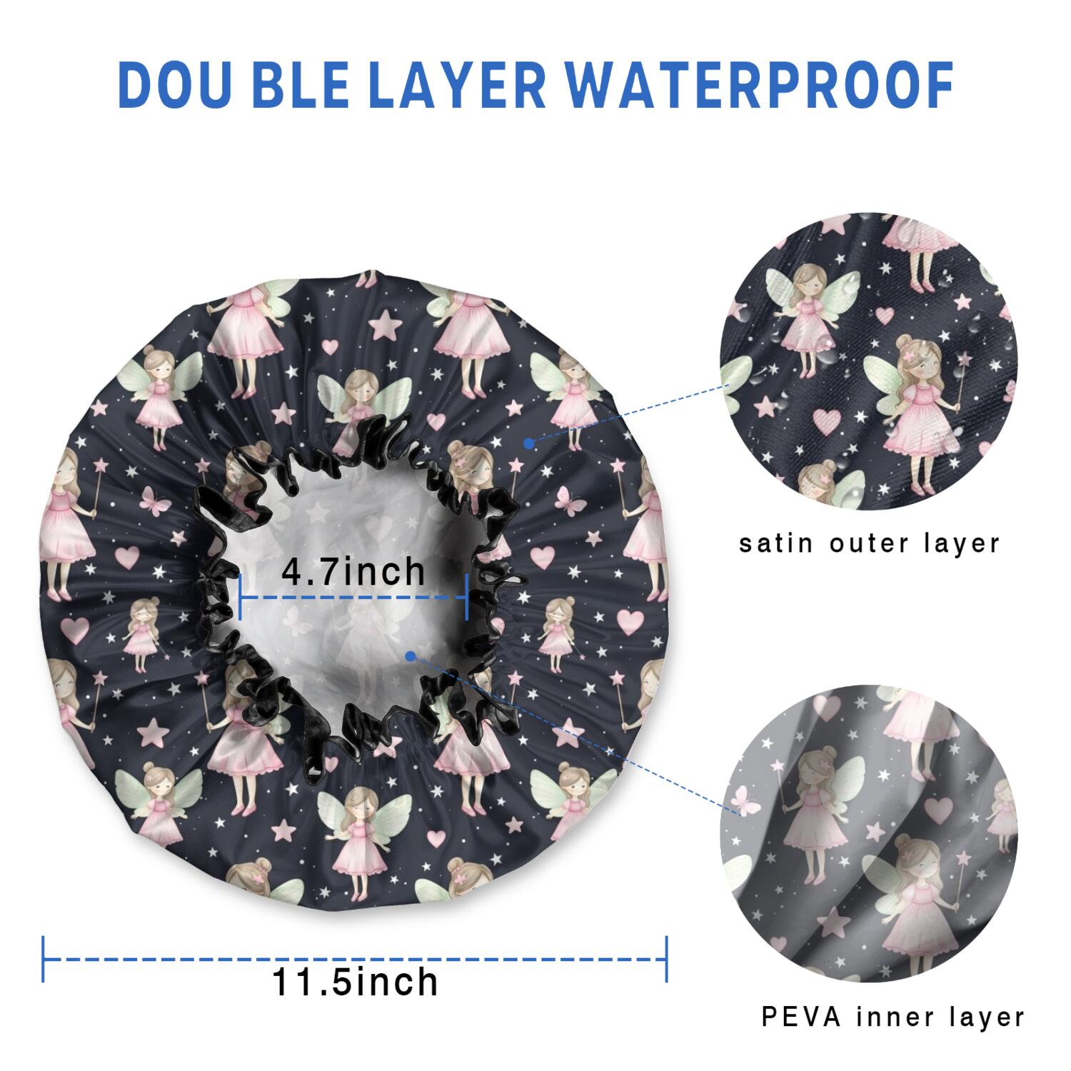 Shower Caps,Black Fairy Star Pattern Waterproof Shower Cap for Women 4 Pieces,Double Reusable Hair Cover for Shower PEVA Elastic Stretch Hem