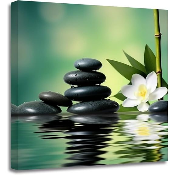 ZHONGYUTONG Green Bamboo Pictures Zen Wall Art Stone Flower Water SPA Canvas Prints Meditation Yoga Paintings Wall Decor for Bathroom Still Life Artwork (12.00" x 12.00")