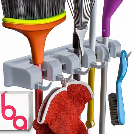 Berry Ave Broom Holder Wall Mount and Garden Organizer, Closet Storage, Kitchen Rack, Home Organization and Garage Organizer for Rake or Mop Handles Up to 1.25-Inches, Hanger Plus 6 Hooks (Grey) C33
