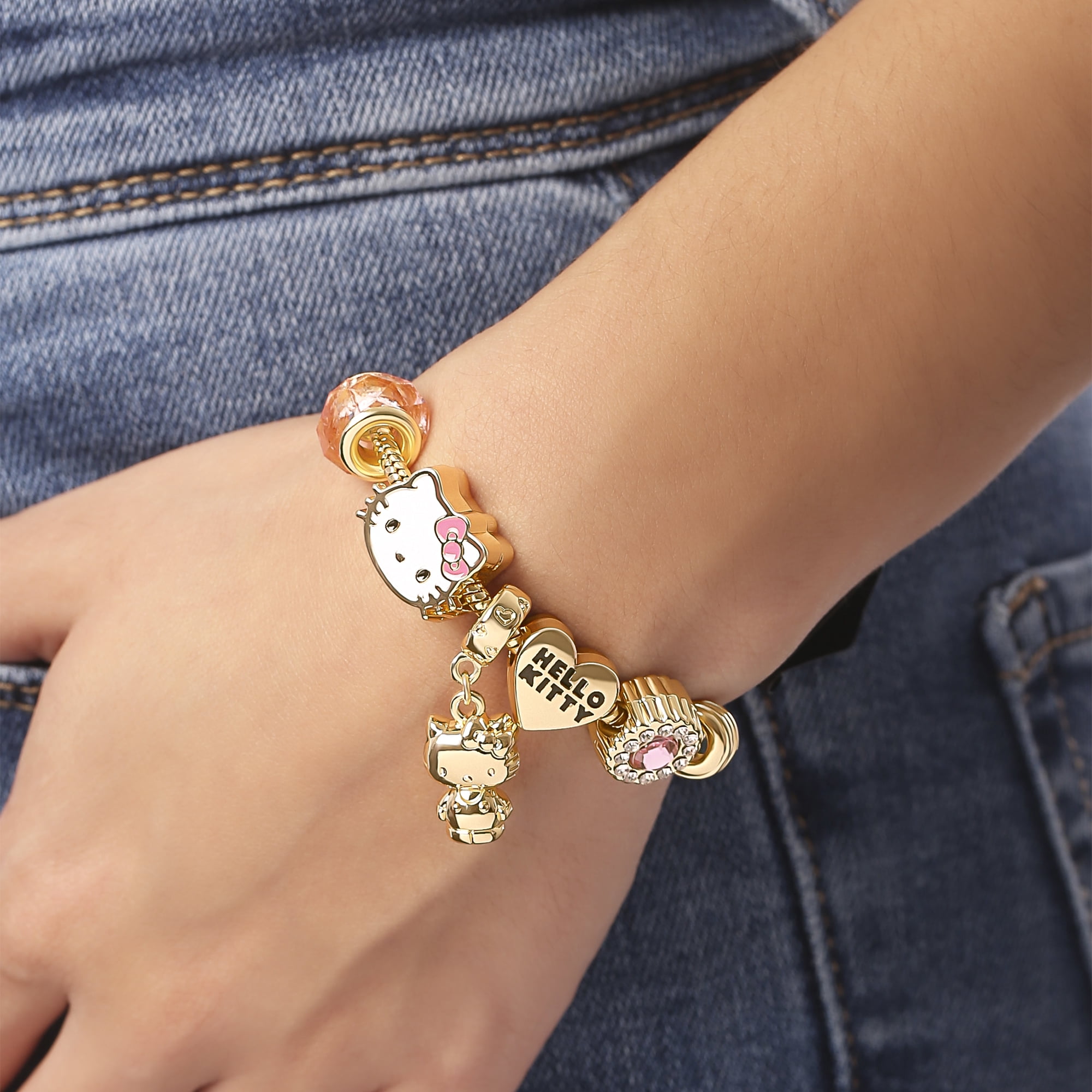 Sanrio Hello Kitty 7'' Fashion Charm Bead Bracelet with Pink and Gold Tone Enamel Beads