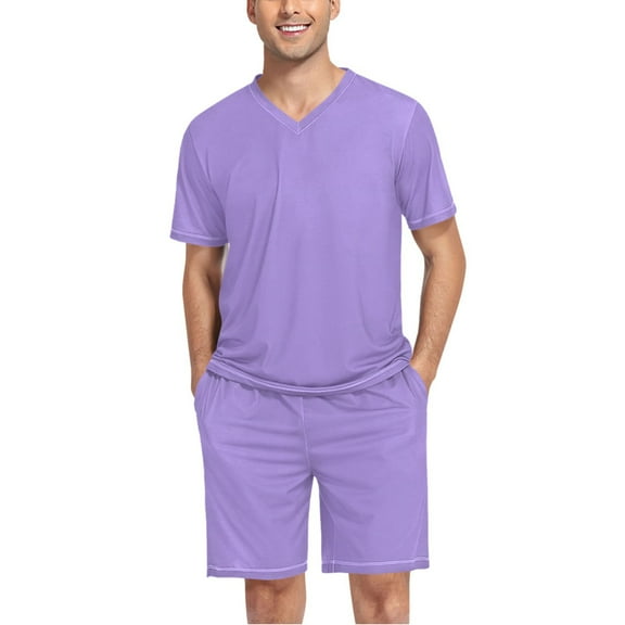 joogoo Men's Pajama Set Light Purple V-Neck Pj Shorts Set 2 Piece Loungewear Sleepwear L