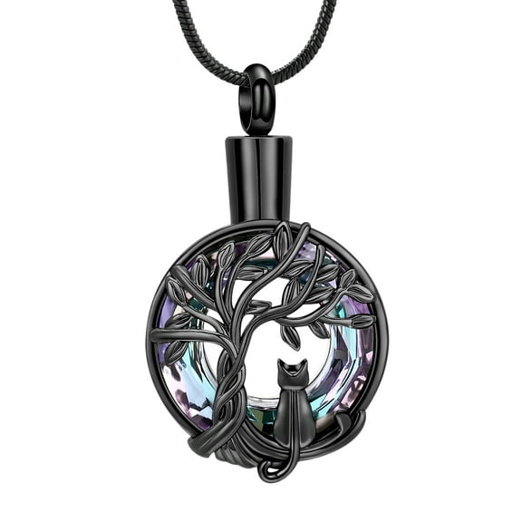 Personalized Cute Cat Urn Necklace for Ashes with Crystal Ring Pet Cremation Keepsake Memorial Jewelry for Ashes for Cat Lover