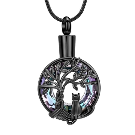 Personalized Cute Cat Urn Necklace for Ashes with Crystal Ring Pet Cremation Keepsake Memorial Jewelry for Ashes for Cat Lover
