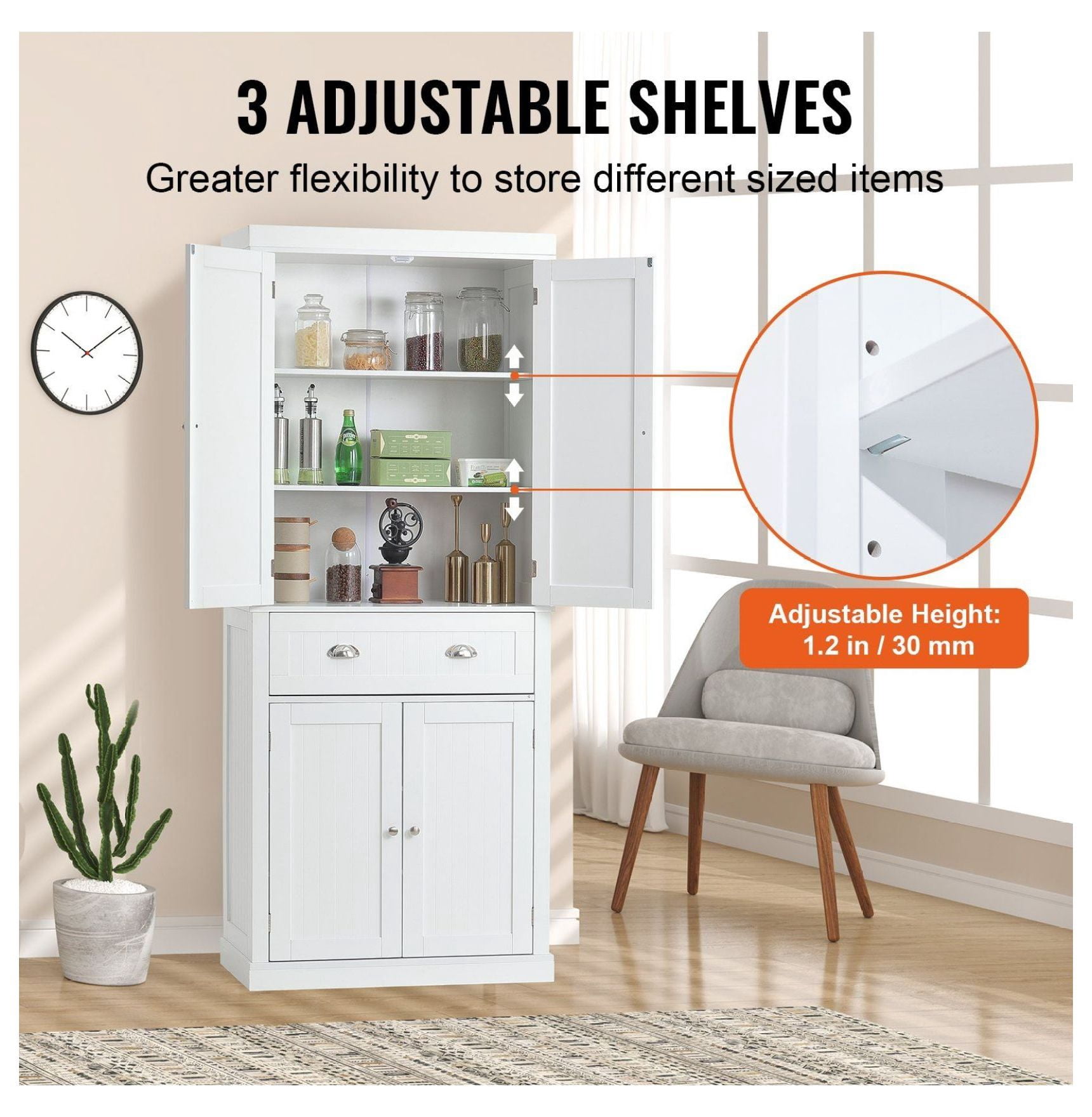 72" Kitchen Pantry Cabinet, Freestanding Storage with Doors & Drawer, Adjustable Shelves, Tall Buffet Pantry for Kitchen, Living Room, White