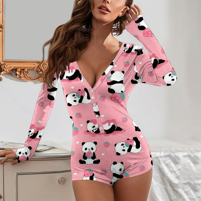 VALMASS Bodysuits for Women Shorts Plus Size Deep V Neck Printed Sexy  Rompers Tight Curvy Pajama Onesie (S, G Pink)