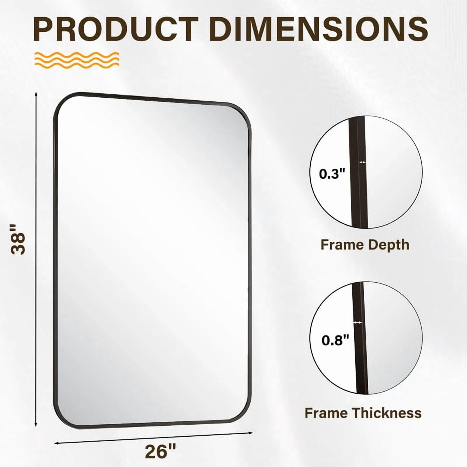 Easy4Home 38"x26" Rectangular Bathroom Mirror Hanging Rounded Corners Vanity Mirror Wall Mounted, Black