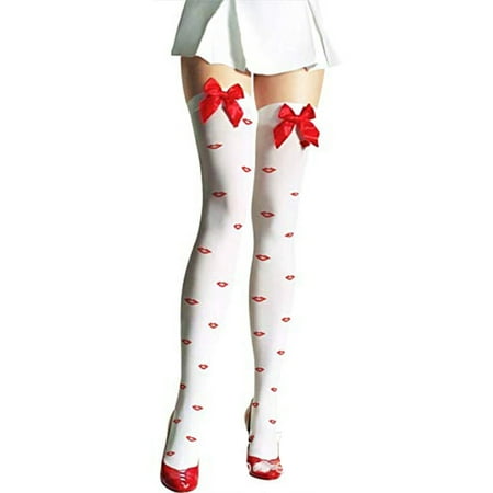 Rdhnmea Women Thigh High Stockings Christmas Bow Lace over the Knee Socks Sexy Ladies Lingerie Stockings Opaque Xmas Tight Hosiery