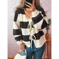 thumbnail image 5 of Women'S Loose Casual V-Neck Long-Sleeved Sweater Jacket Striped Contrast Lace-Up Knitted Cardigan Brown S, 5 of 8