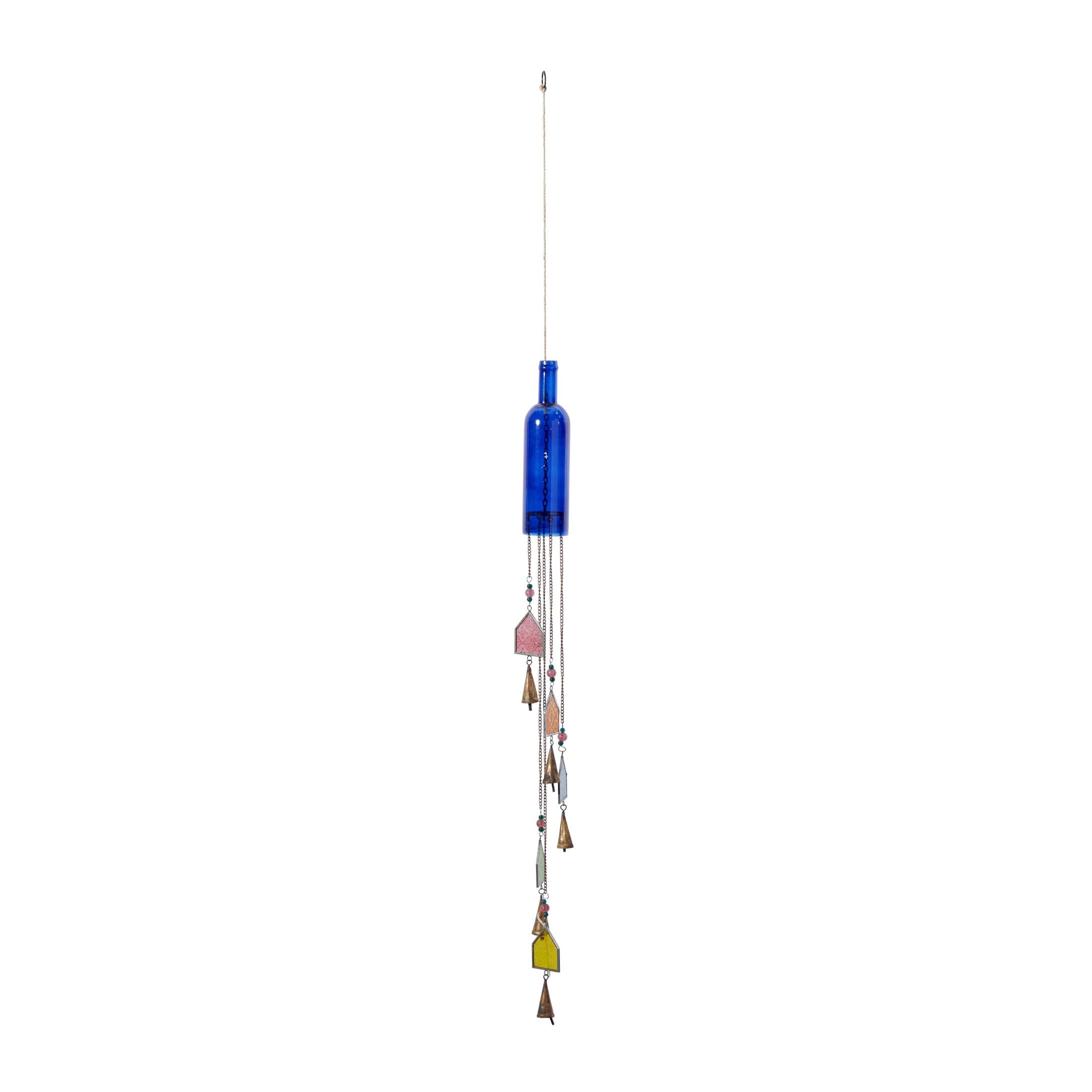 DecMode 45" Blue Glass Handmade Bottle Nautical Windchime with Beads and Cone Bells