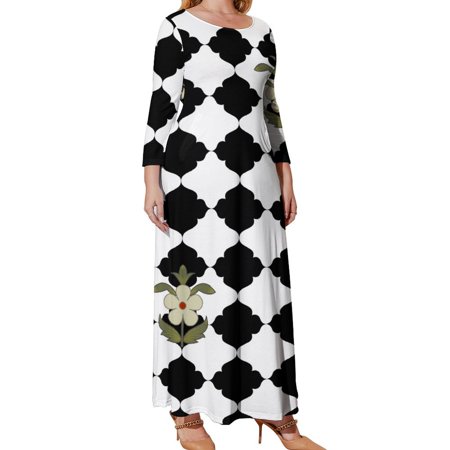 Myst Design Oversized Women's Long Sleeve Dresses, Pattern Mughal Floral Print Mughal Long Plus Size Dress, Loose Fit Casual Maxi Dresses with Pockets, XL