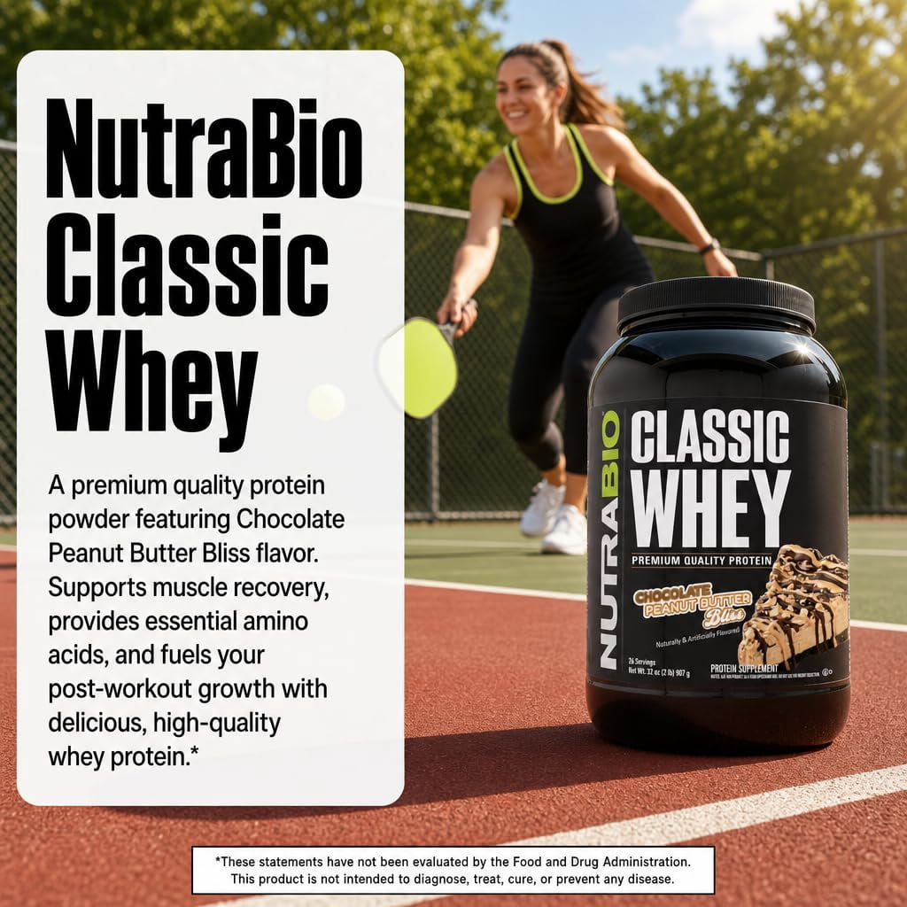 NutraBio Classic Whey Protein Powder- Full-Spectrum Amino Acid Profile - No Fillers, Artificial Colors, Preservatives - Low Glycemic Index - (Chocolate Peanut Butter, 2 Pounds)