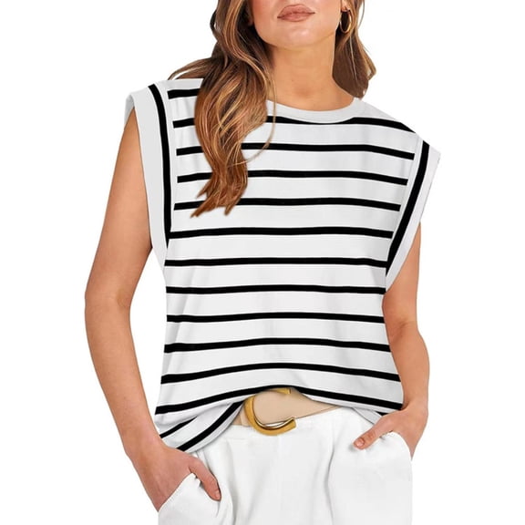 Coferset Cap Sleeve Tops for Women Summer Top Basic Tee Shirts Casual Tank Loose Fit Sleeveless Tops Striped Top