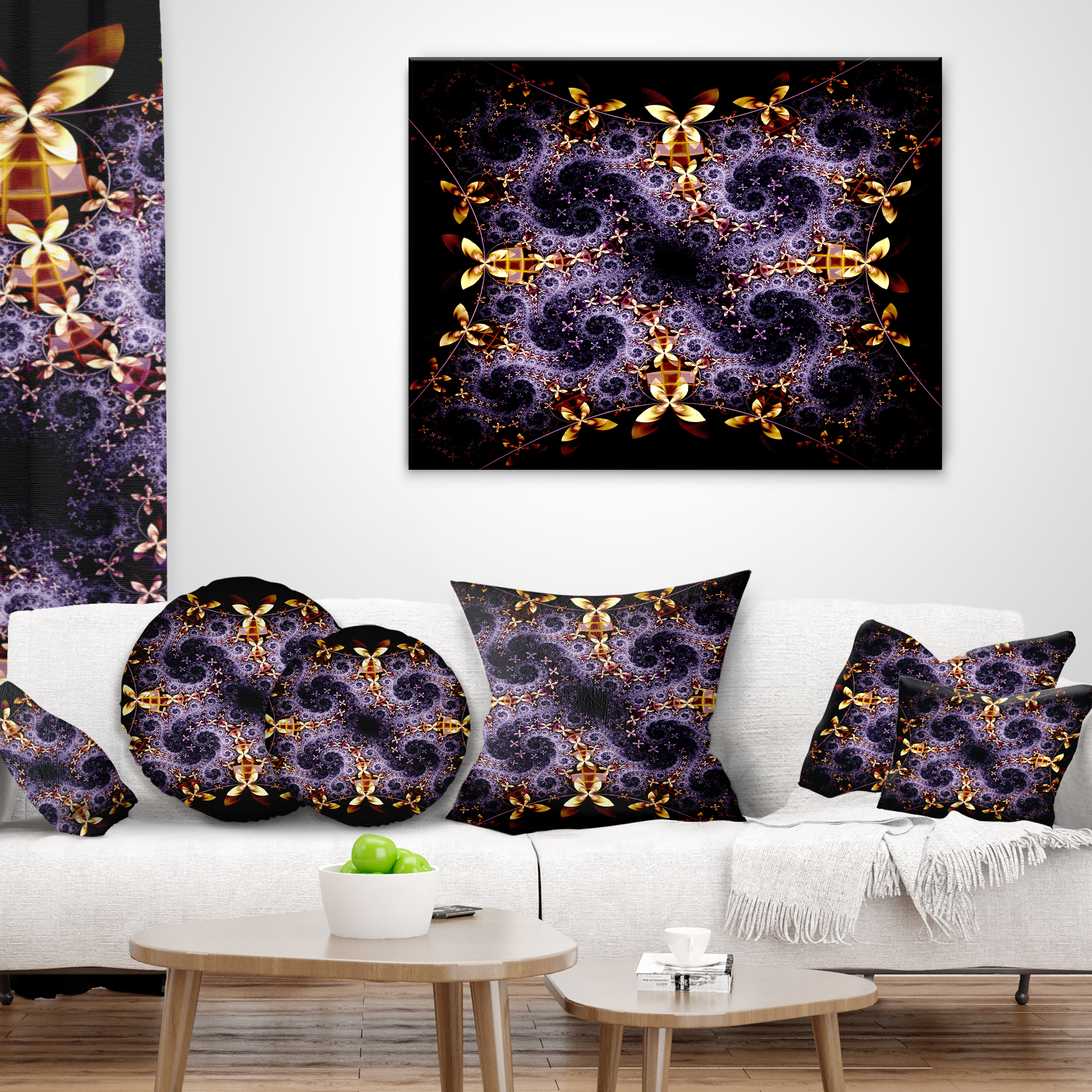Designart Yellow and Violet Fractal Flower - Abstract Throw Pillow - 18x18