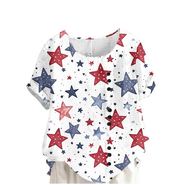 Vestidos Casuales Para Mujer, Blusas De Mujer De Moda Blusa informal de lino con botones y manga corta estampada para mujer