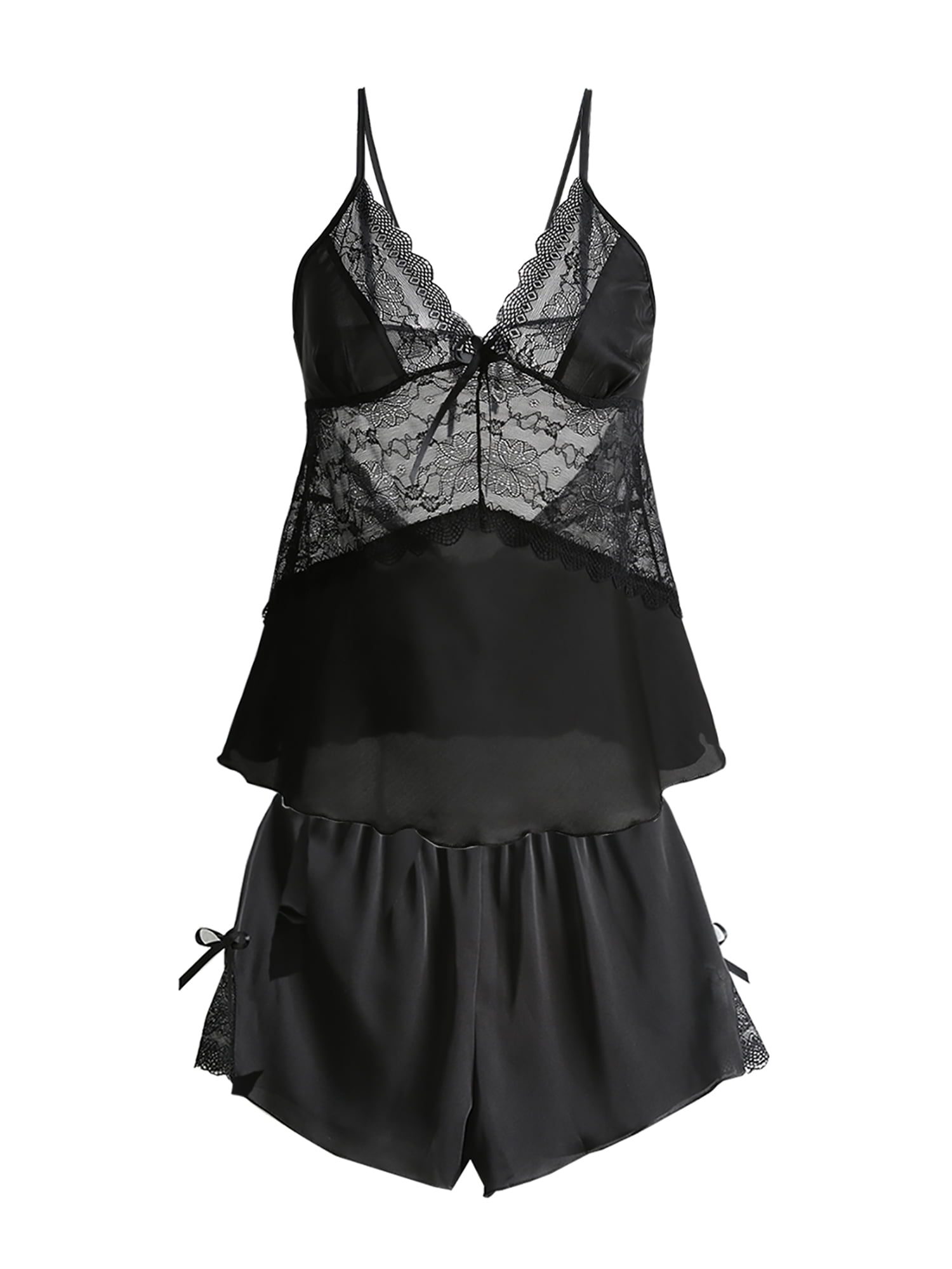 Women Lace Silk Satin Camisole Shorts Pajama Nightwear Sets Black-Lace ...