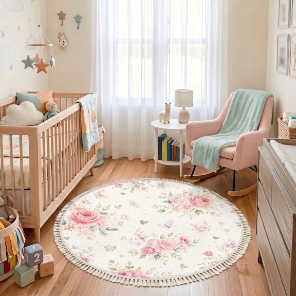 Washable Non Slip 3ft Round Rug, Cute Bunny Strawberry Pink Bows Floral Accents Circle Area Rugs with Tassels Carpet for Nursery Bedroom Living Room Playroom Tent Rug