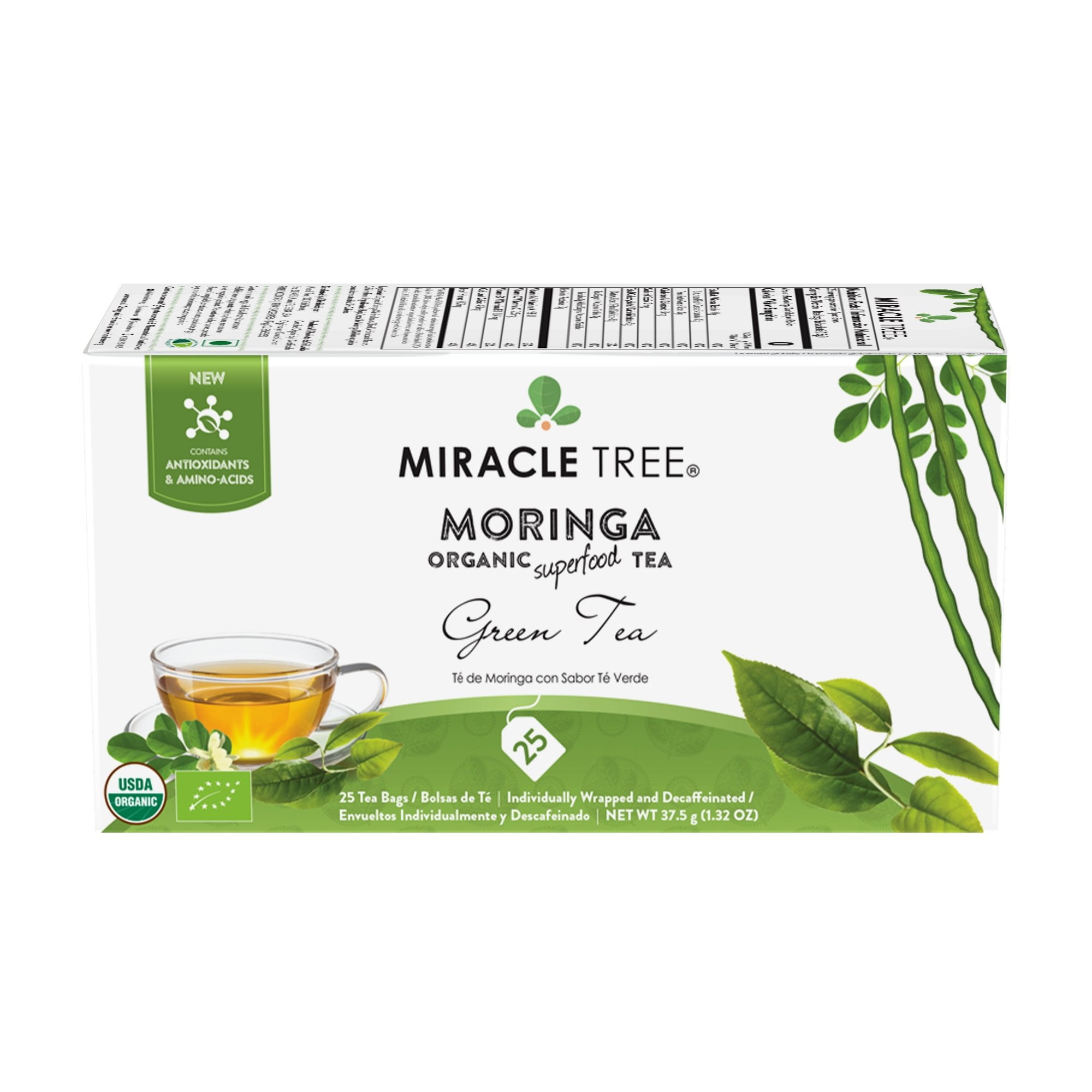Miracle Tree, Organic Moringa Tea, Green Tea, 25 Wrapped Tea Bags