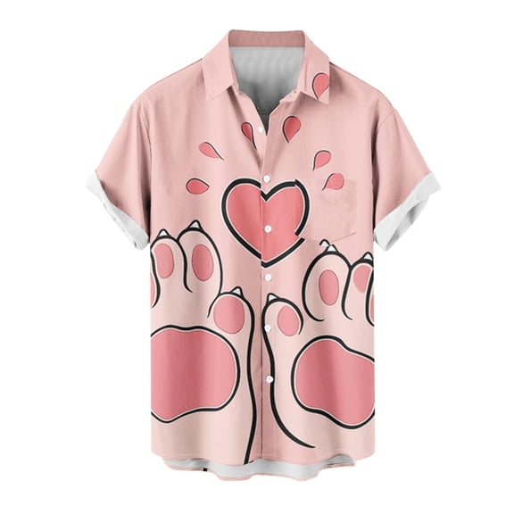 guisaled Mens Valentines Day Button Up Shirt Short Sleeve Hawaiian T Shirts Cute Cat Heart Graphic Tops Casual Beach Vacation Shirt