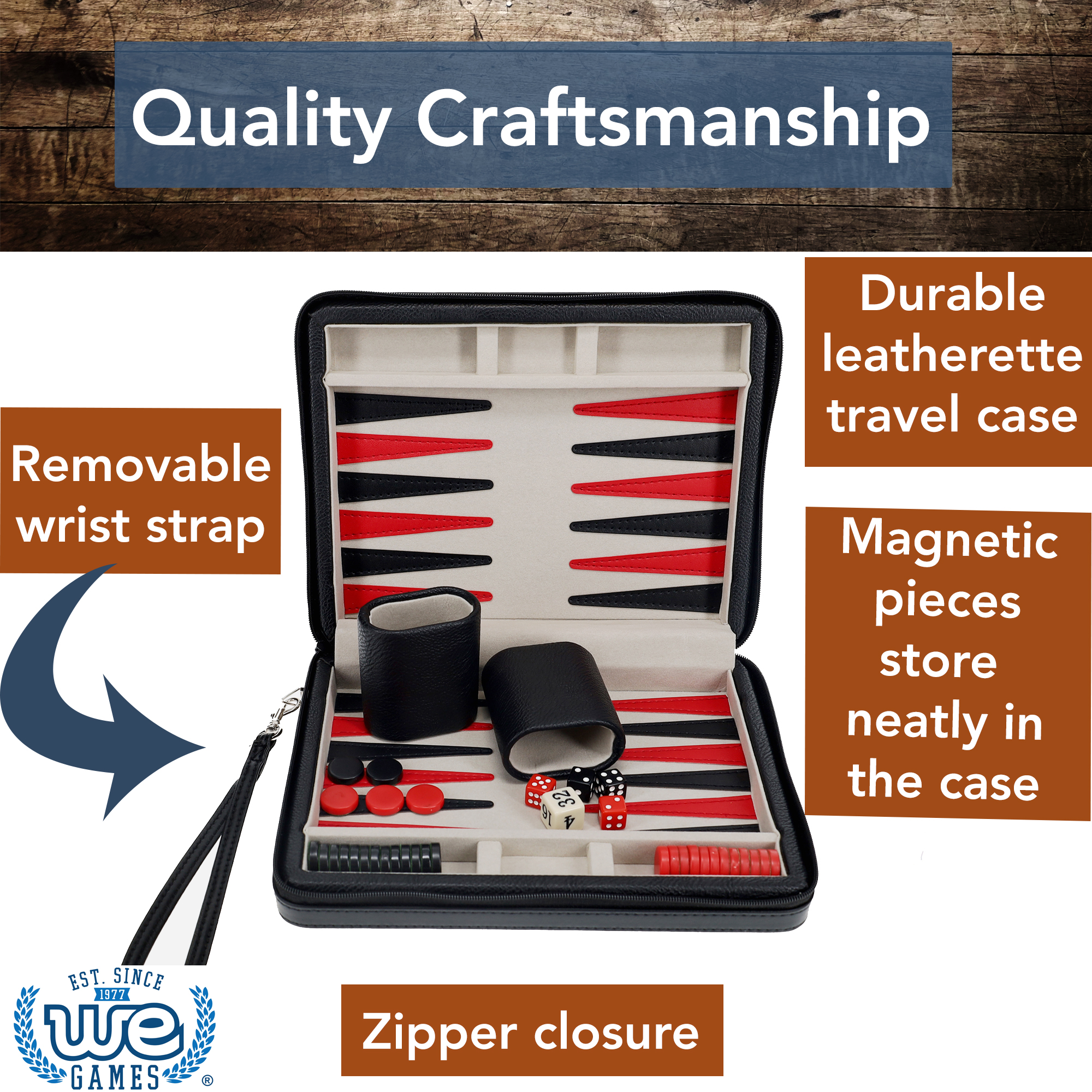 WE Games Magnetic Backgammon Set with Carrying Strap, Travel Size, Black/Red
