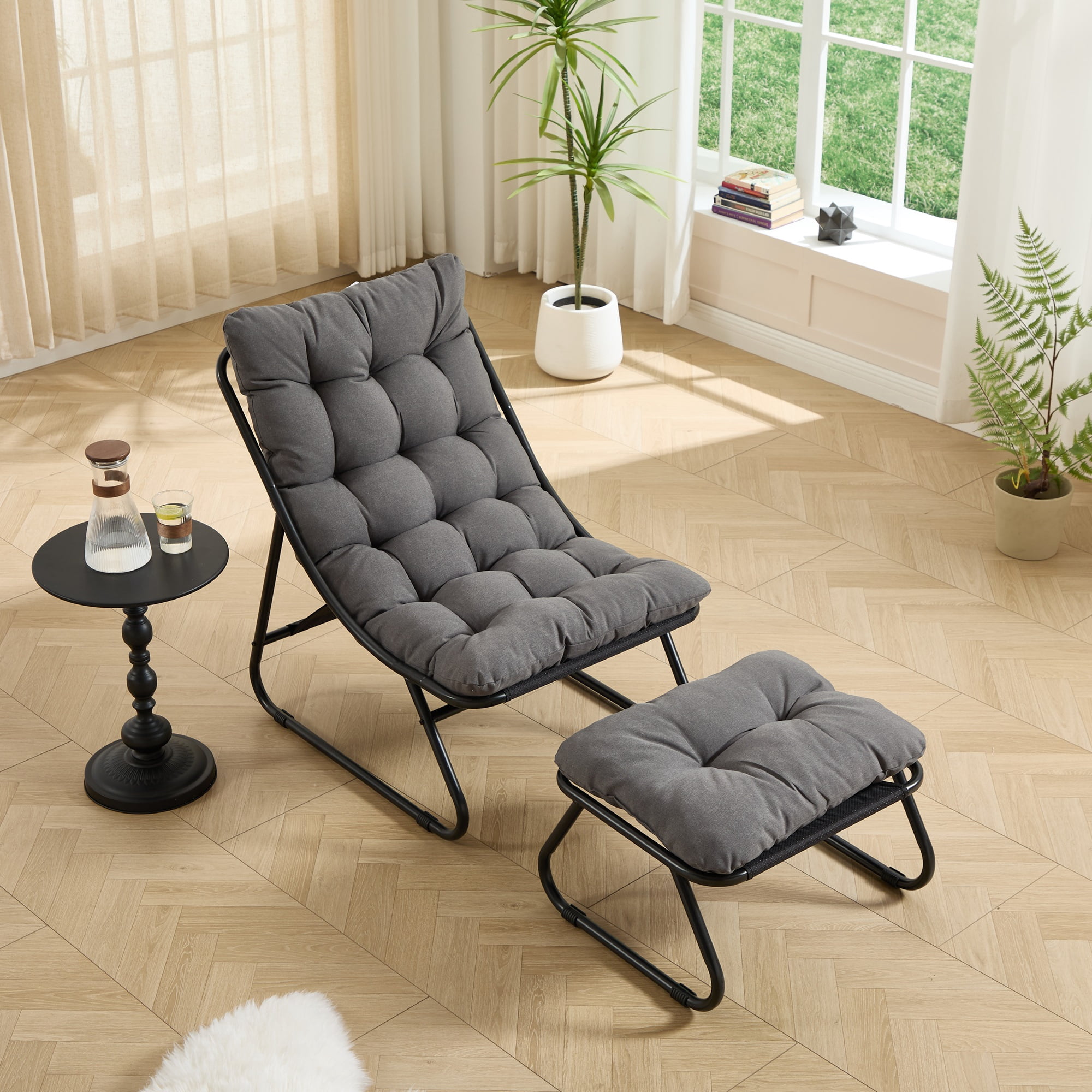 Patio Outdoor Lounge Chair with Ottoman, Comfy Sling Recliner Chair with Puffy Cushion and Foot Stool, Ideal for Living Room, Bedroom, Reading Room