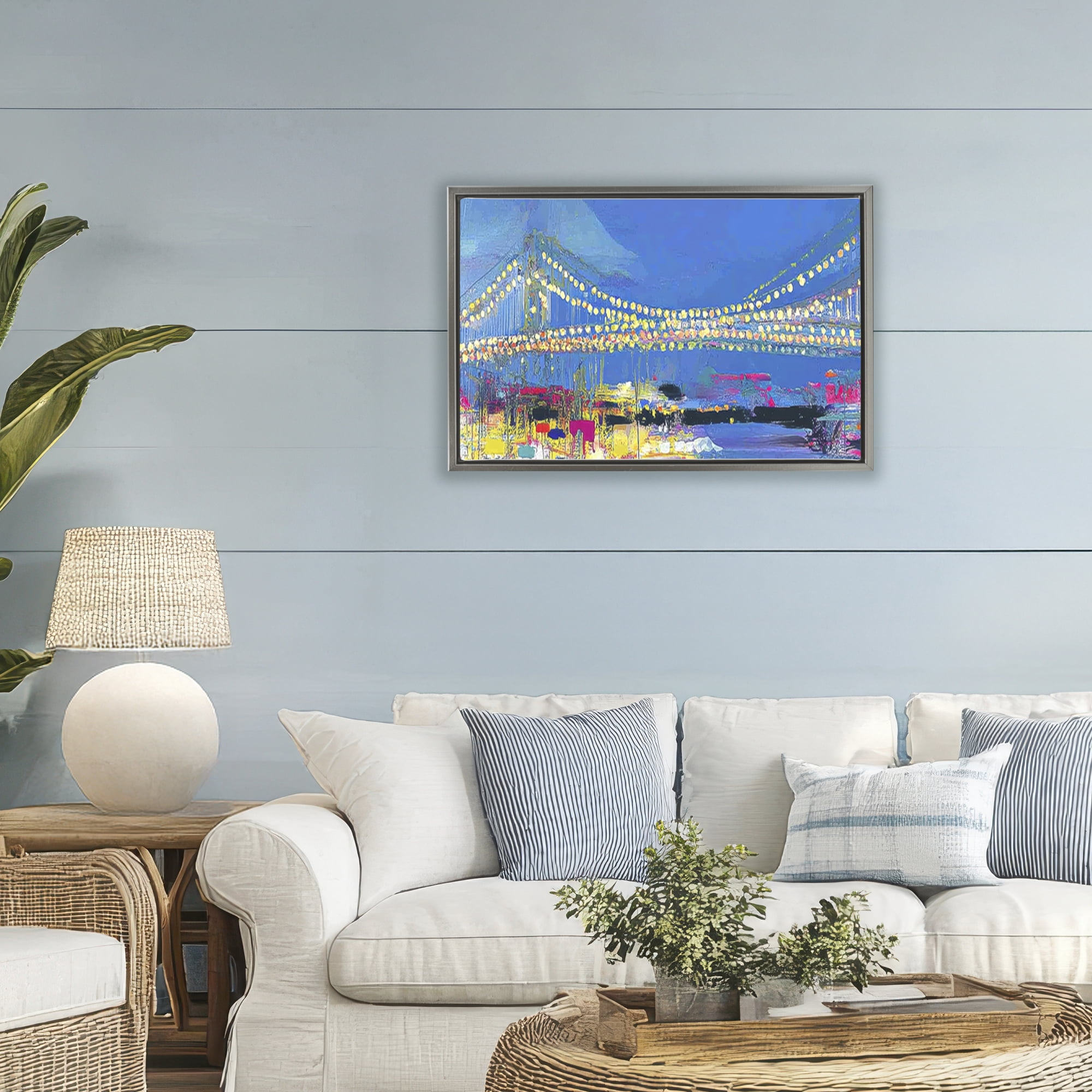 Stupell Industries Bay Bridge Aglow at Sunrise Gray Framed Floater Canvas Wall Art, design by Chromatic Storm Studio