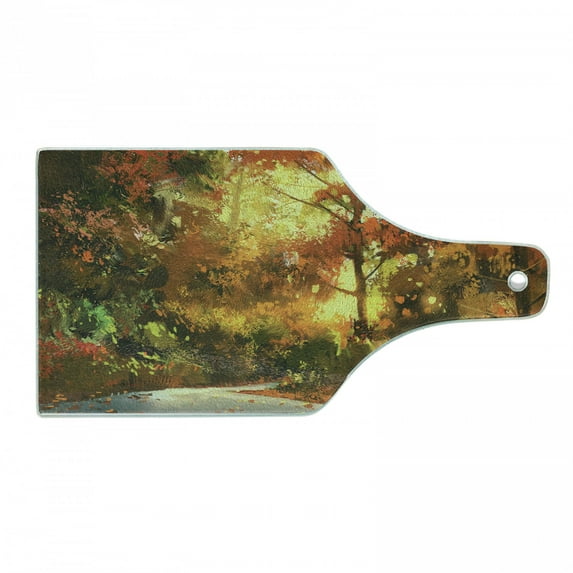 Fantasy Cutting Board, Abstract Pathway in Autumn Forest with Shady Leaf of Deciduous Trees View Art, Tempered Glass Cutting and Serving Board, Wine Bottle Shape, Orange Yellow, by Ambesonne