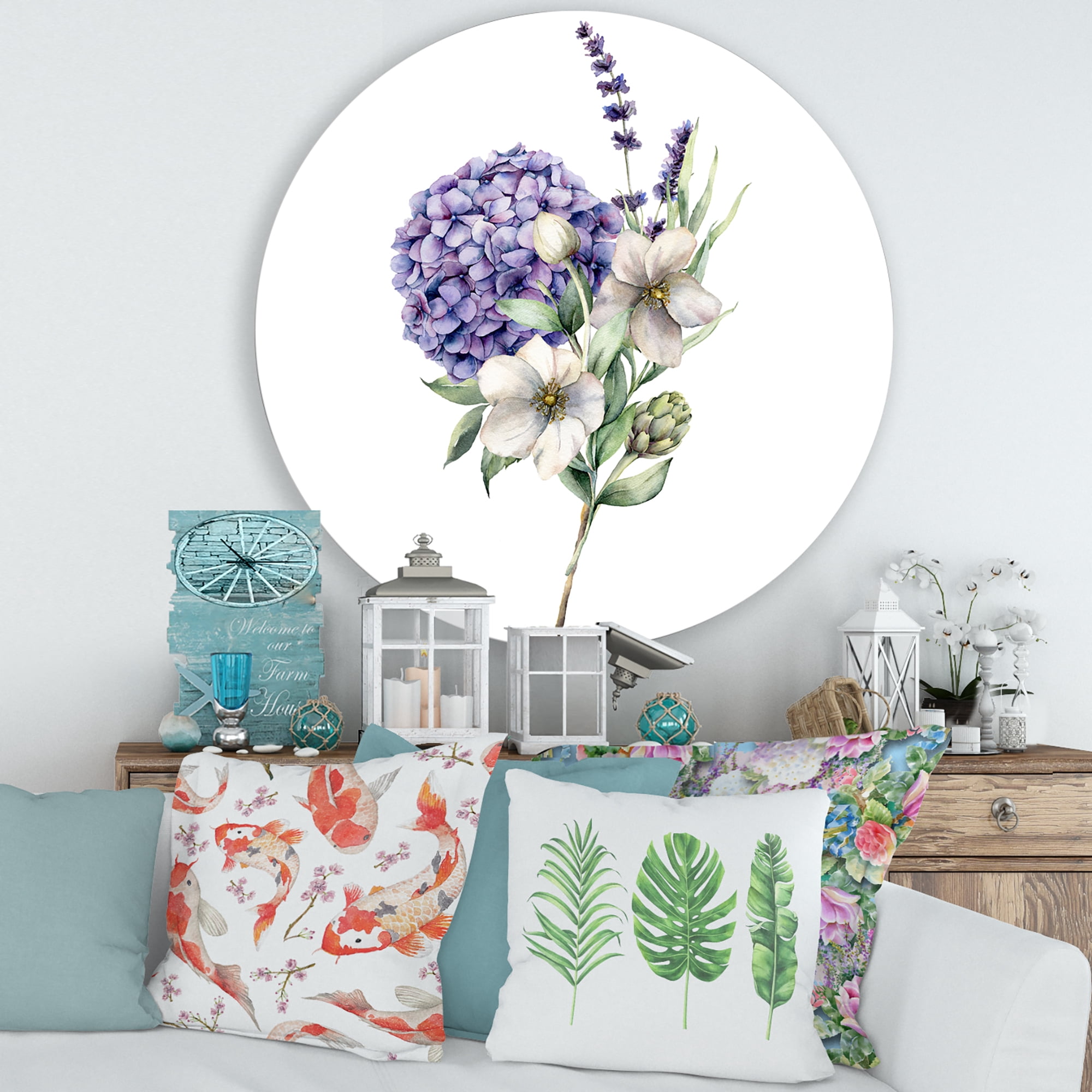 Designart 'Bouquet Of Lavender Anemone Artichoke & Hydrangea ' Traditional Circle Metal Wall Art 36x36 - Disc of 36