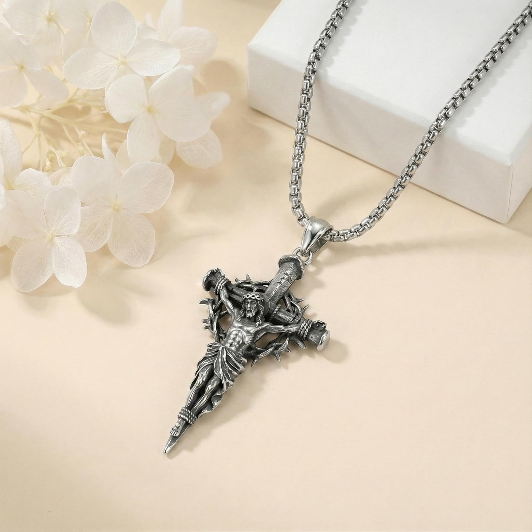 YAFEINI Jesus Necklace Sterling Silver Three Nail Cross Pendant Religious Protector Jewelry Gifts for Women Men