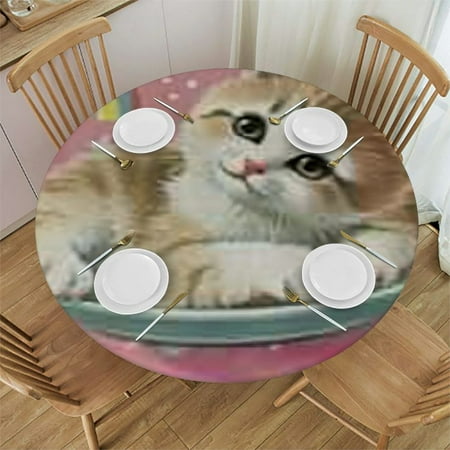 

Sheronv Cute Cat Round Table Cover Stain Resistant & Washable for Indoor Outdoor Use - Perfect Tablecloth for Kitchen Dining Wedding Parties - 100% Polyester Decor with Elastic Edge 31 -35