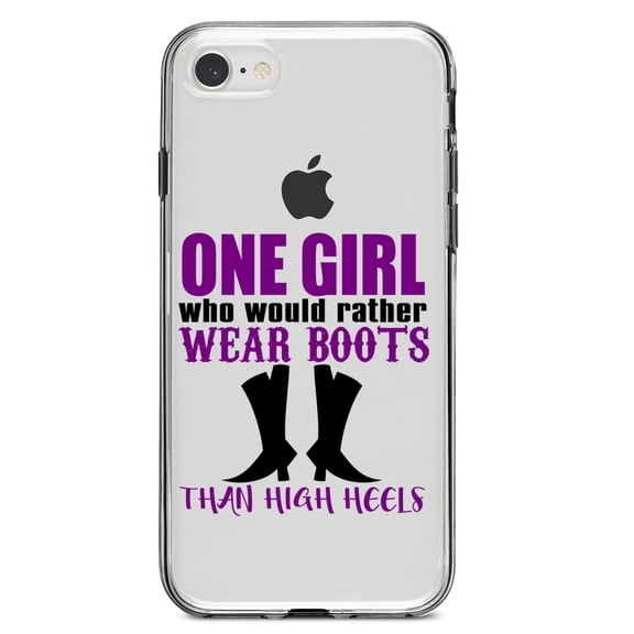 DistinctInk Clear Shockproof Hybrid Case for iPhone 7 8 SE (2020 Model) 4.7" Screen TPU Bumper Acrylic Back Tempered Glass Screen Protector - One Girl Who Would Rather Wear Boots Than Heels
