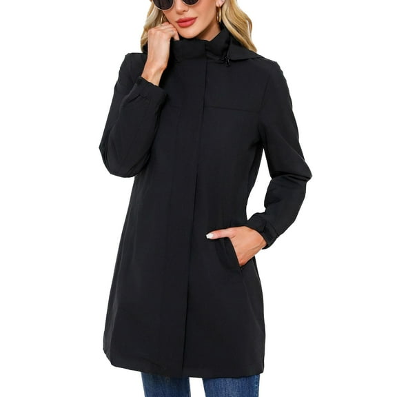 SWSMCLT Women's Hooded Raincoat Lightweight Slim Fit Full Zip Long Rain Jacket Trench Coat Waterproof Rain Coats Casual Anoraks Long Sleeve Outerwear Black 4