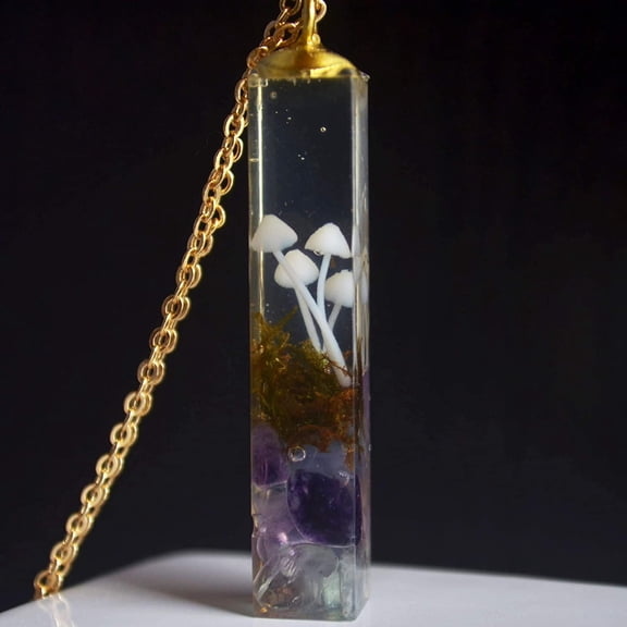 Mushroom necklace terrarium moss jewelry cube resin pendant gold plated mushroom handmade jewelry