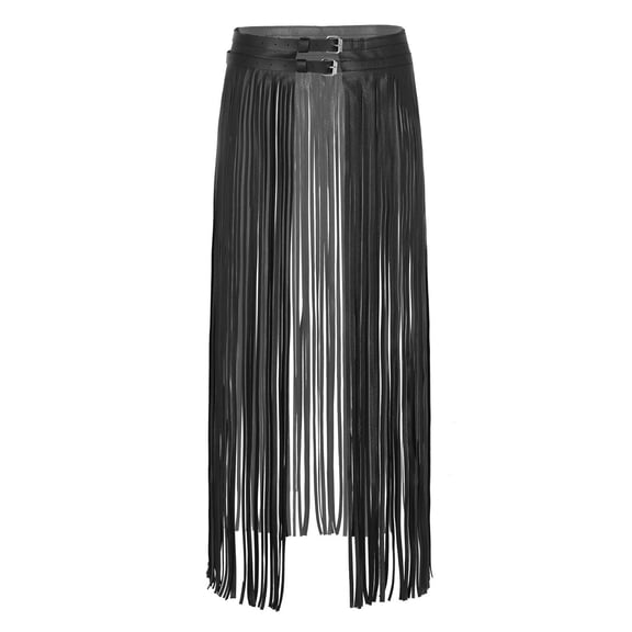iiniim Women Long Fringe Tassel Skirt Belt Punk Cool Faux Leather Double Buckles Waistband for Dance Party Costume