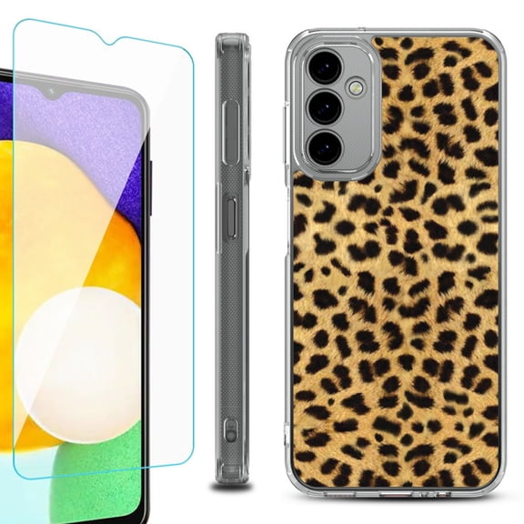 Shockproof Bumper Phone Case for Samsung Galaxy A14 5G, with Tempered Glass Screen Protector, by OneToughShield ® - Cheetah Gold/Black