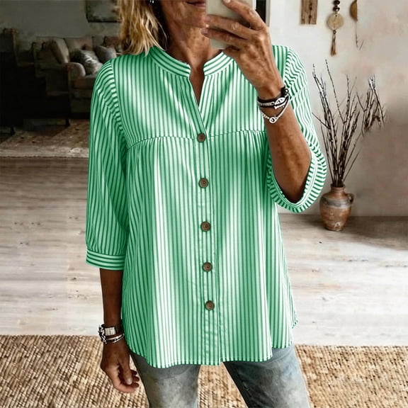 Sokhug Womens Cotton Linen Striped 3/4 Sleeve Stand Collar Button Down Breathable Casual Daily Tunic Blouse Tops