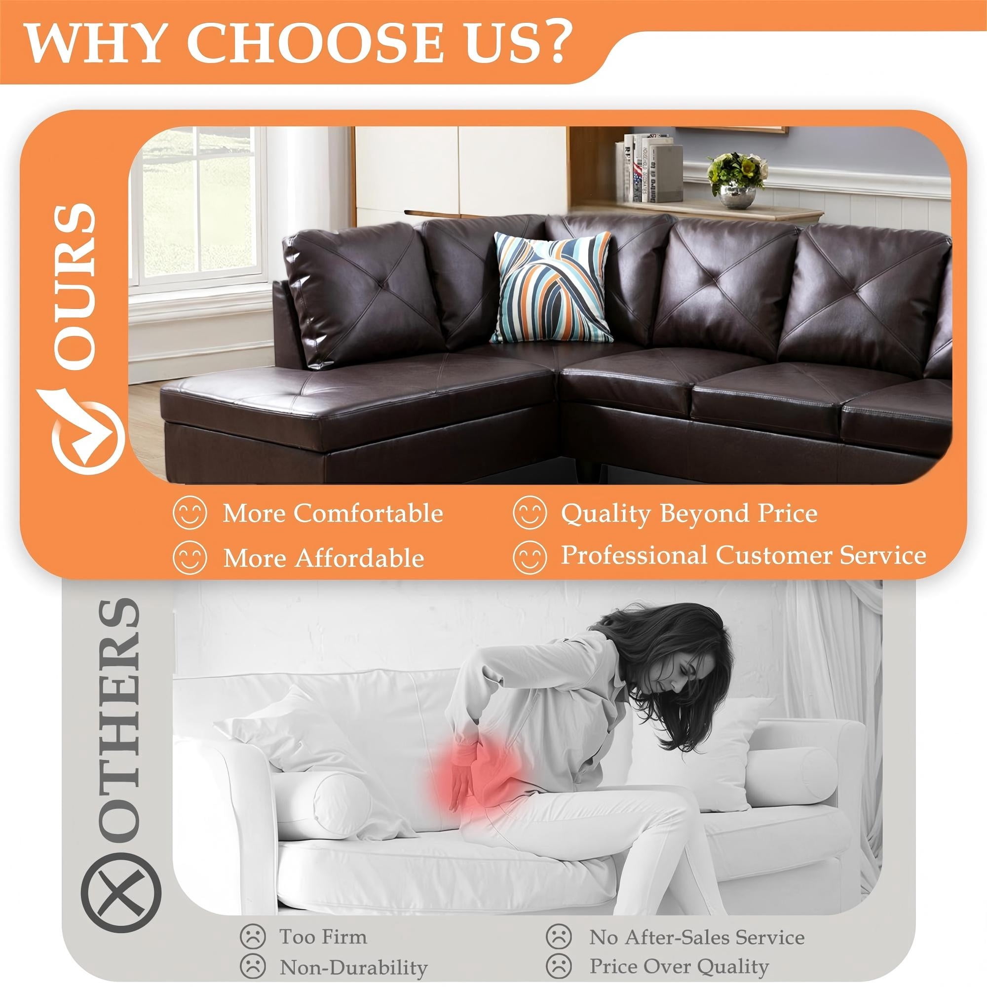 Aukfa 3 Piece Sofa Set L shape Sectional Couch with Storage Ottoman for Living Room, 2 Pillows, Faux Leather, Brown