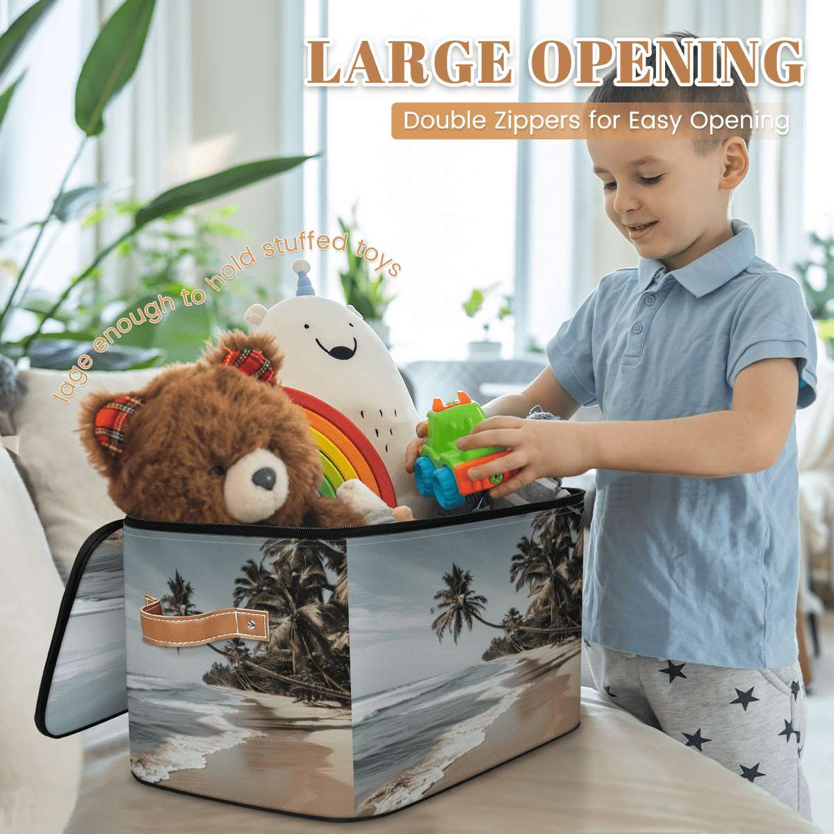 CURLYOOT Beach Fabric Storage Bins with Lids, Hawaiian Palm Trees Foldable Storage Boxes Washable Storage Cube, Closet Bedroom Home Organizer Containers with PU Leather Handles
