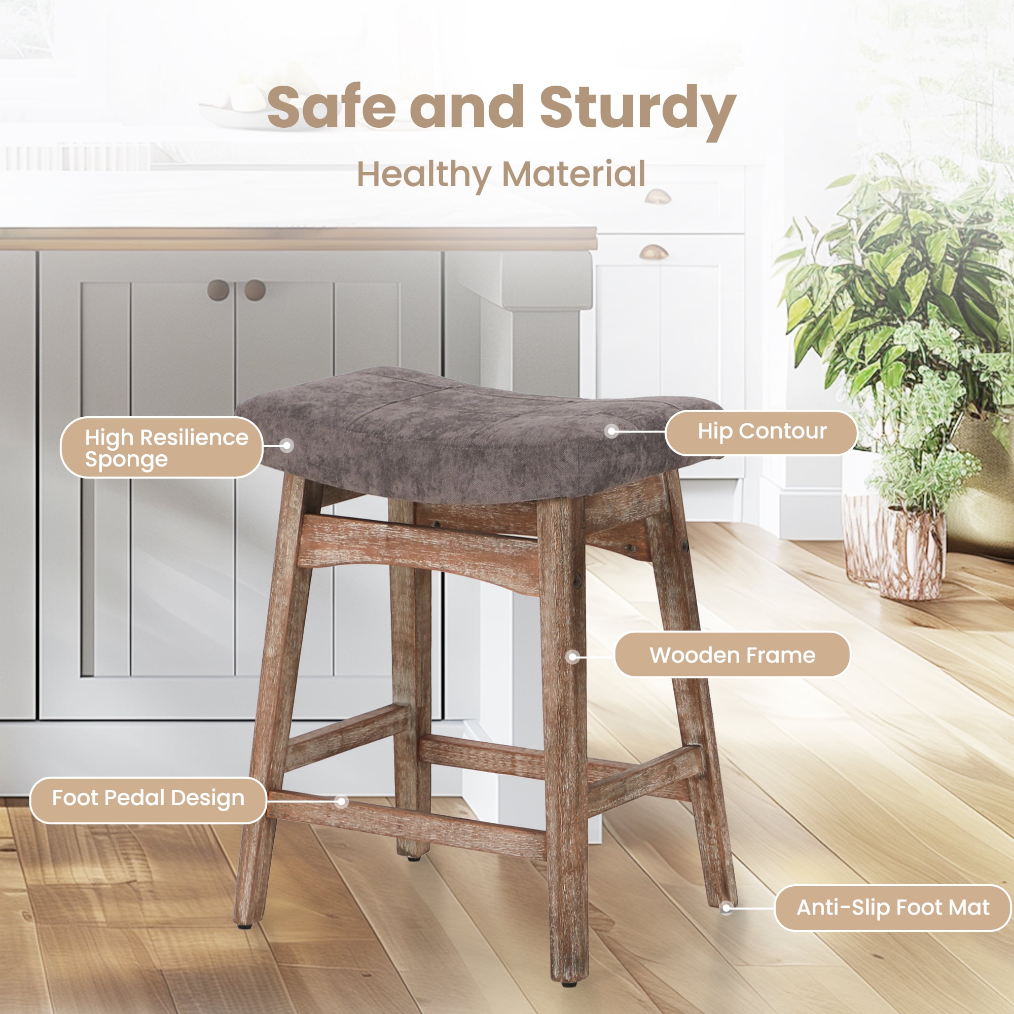 Summit Living 24 inch Wooden Counter Stool Set of 4, Backless Saddle Linen Bar Stool for Kitchen, Gray