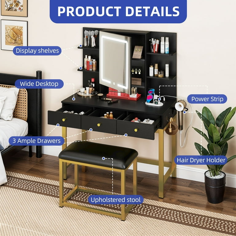 ModFusion Black & Gold LED Dressing Table with Stool, Tri-Color Touch  Mirror, 3 Drawers, UL Certified Outlets, Hair Tool Hooks, PU Cushion -  Walmart.com