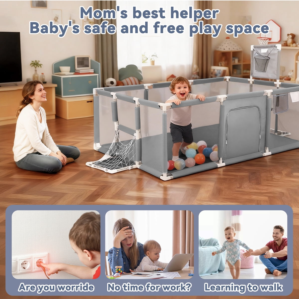Baby Playpen,71x48inch Large Play Yard for Babies Toddlers, Sturdy Safety Baby Play Area, Gray