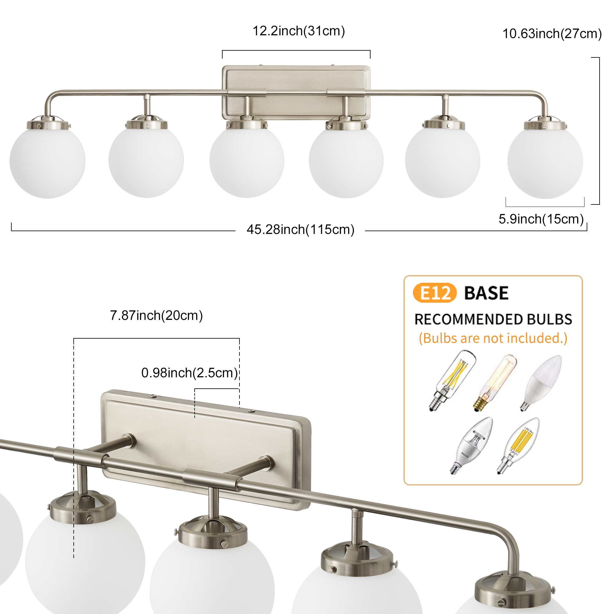 Deyidn 6-Light Modern Vanity Light, Nickel Bathroom Light Fixture with Milk White Glass Globes, 45 Inch Bathroom Wall Sconce for Mirror