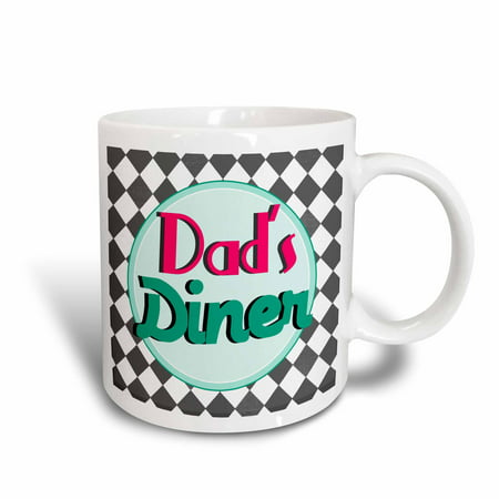 3dRose Dads Diner on black - Retro hot pink turquoise teal blue 1950s style 50s fifties kitchen Fathers day, Ceramic Mug, 11-ounce