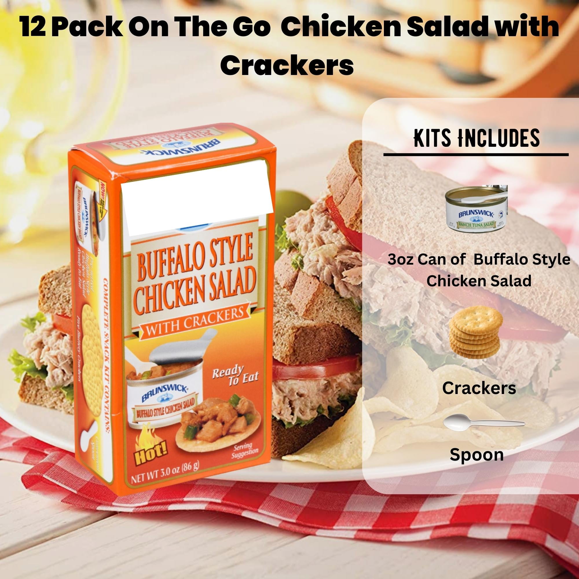 Buffalo Style Chicken Salad with Crackers Kit Ready to Eat with Spoon Convenient Shelf Stable for Lunchboxes Office Camping Picnic Summer Home Healthy Snacks 3oz Pack of 12 w/ Tote & Bonus Porte Pot