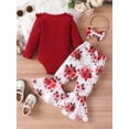thumbnail image 3 of Infant Baby Girls Fall Clothes Solid Ribbed Long Sleeve Romper Flower Pattern Flare Pants Bow Headband Outfit, 3 of 8